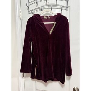Zenergy by Chico's Velour Hoodie Burgundy Size‎ 2 L V-Neck Zip Side